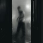 Eerie silhouette behind a door, creating a ghostly atmosphere in a Melbourne house.